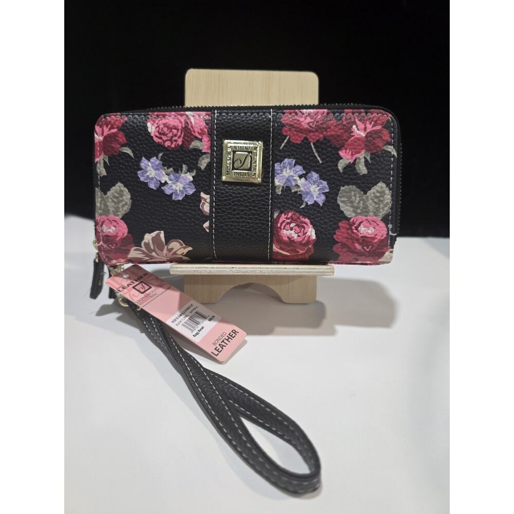 Stone Mountain Women's Rose Bloom SLG Wallet Black Floral Bonded Leather NWT!